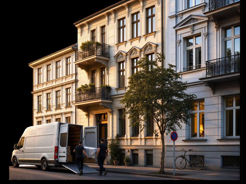 Transporter von HV Transport vor einem Altbau in Dortmund